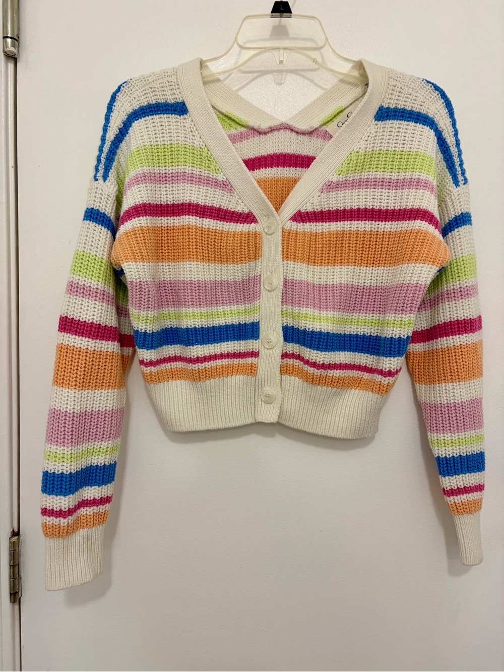 Jessica Simpson Cream Cropped Striped Button-Front Cardigan